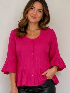Ashley Stewart Hot Pink Peplum Bell Sleeve Size 12 Blouse 90’s Y2K